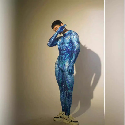 Cross-Border Performance Clothes Nightclub Flower Blue Giant Long Sleeve One-piece Trousers